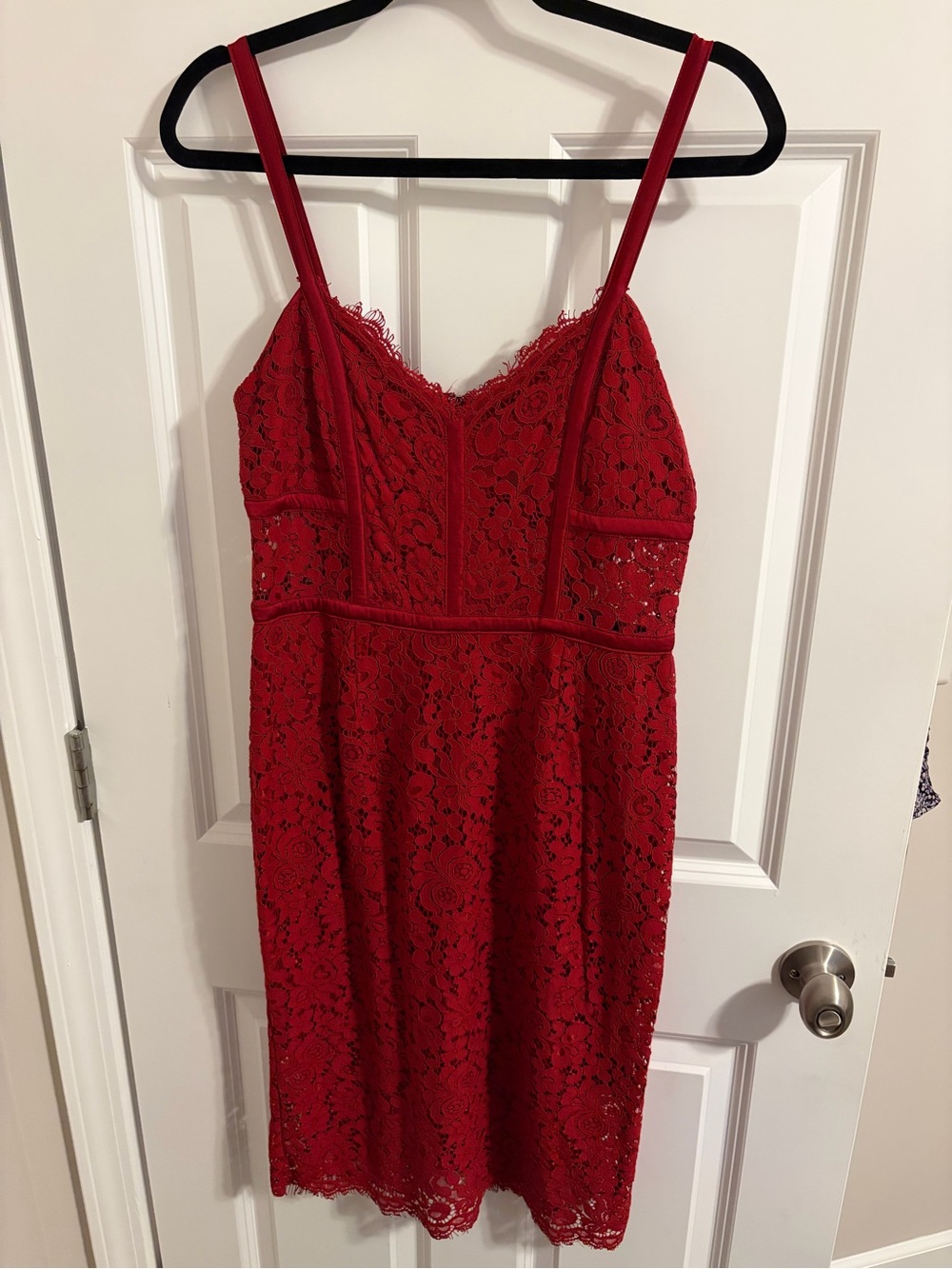Express Red Lace Midi Dress with Spaghetti Straps